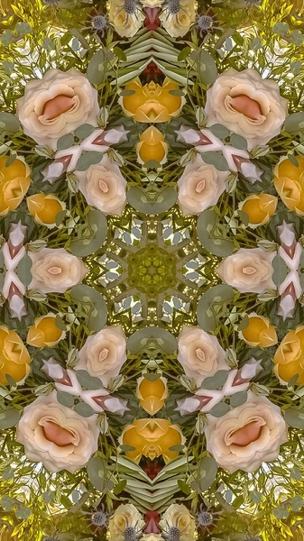 Ramka pionowa różowe i żółte kwiaty wykonane w okrągłej konstrukcji dla środowisk — Zdjęcie stockowe