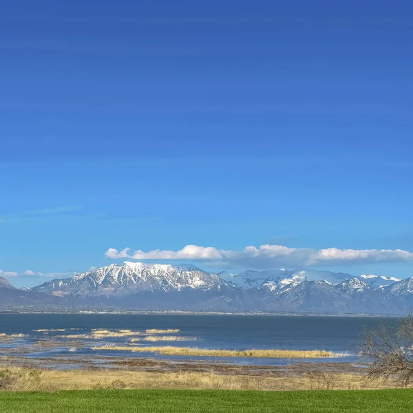 Terrain herbeux avec vue sur le lac et la montagne enneigée sous le ciel bleu par une journée ensoleillée — Photo