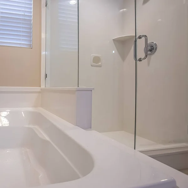 Square frame Bathroom interior of a home with shiny bathtub and glass walled shower stall