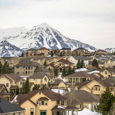 Kışın taze beyaz kar ve kozalaklı çevrili evlerin Kare Dış görünümü