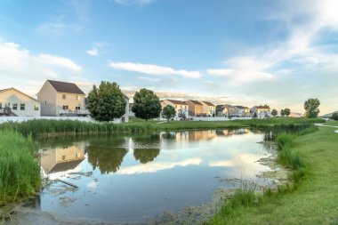 Güneşli bir günde mavi gökyüzü altında evlerin önünde yemyeşil otlar arasında Parlak gölet