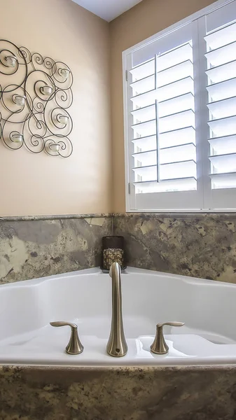 Вертикальный интерьер ванной комнаты со встроенной ванной, примыкающей к душевой кабине, и тщеславием — стоковое фото
