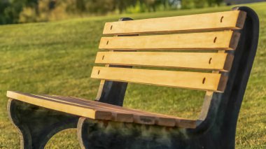 Panorama Güneşli bir günde çimenli bir tepede boş bir açık park bankının görünümünü kapatın