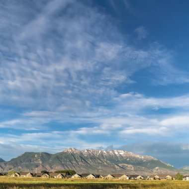 Kare çerçeve Yemyeşil çimenli alan evleri ve yükselen karlı dağ ile Manzara doğa görünümü