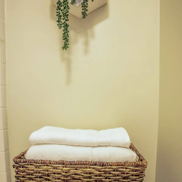 Vierkant frame gevouwen handdoeken in een rotan badkamer lade geplaatst op de top van de WC-tank — Stockfoto