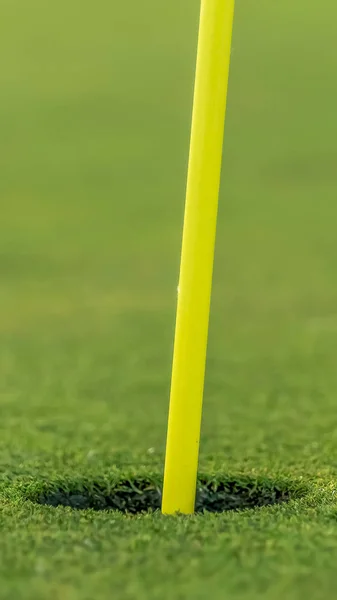 Vertical Close up vista do pino amarelo e xícara de um campo de golfe em um dia ensolarado — Fotografia de Stock