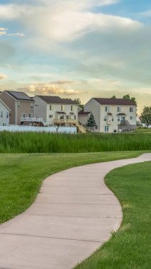 Arka planda evler ve bulutlu gökyüzü ile çimenli bir arazi üzerinde Dikey çerçeve Asfalt geçit