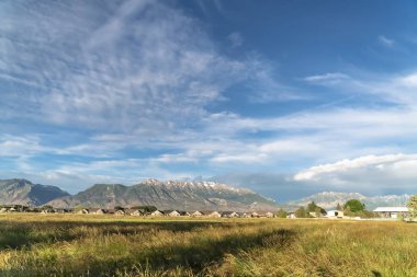 Yemyeşil çimenli tarla evleri ve yükselen karlı dağ ile doğal doğa manzarası