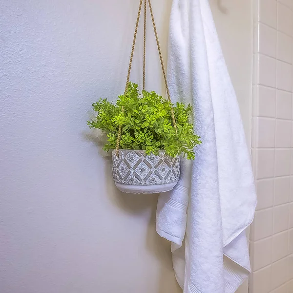 Frame persegi Interior kamar mandi rumah dengan handuk dan tanaman gantung di samping dibangun di bak mandi — Stok Foto