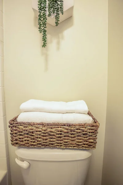 Vikta handdukar inuti en rotting bad rums bricka placeras ovanpå toaletten tanken — Stockfoto