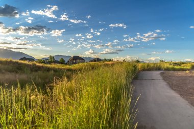 Çimenli bir tepede, arka planda evler ve dağ olan dar bir yol.