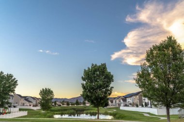 Evlerin, ağaçların ve patikaların ortasındaki göletli resim manzarası