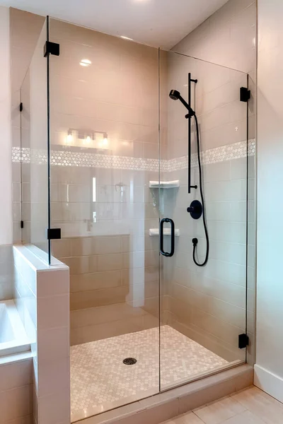 Shower stall with half glass enclosure and black shower head and handle — Stock Photo, Image