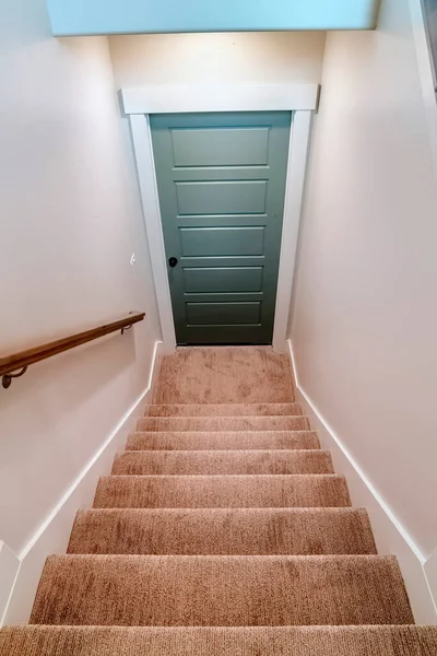 地下室のドアにつながるカーペット状のトレッドを持つ家の屋内階段 — ストック写真