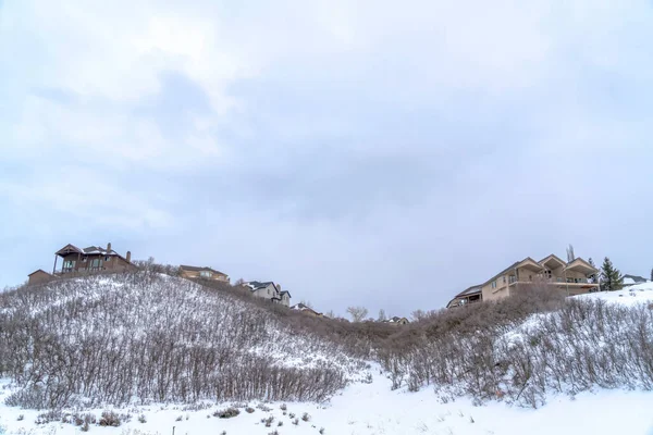 Σπίτια στην κορυφή απαλές πλαγιές λόφου με φρέσκο χιόνι και θάμνους χωρίς φύλλα το χειμώνα — Φωτογραφία Αρχείου