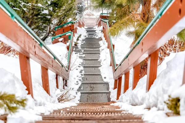 Escaleras de rejilla de metal en la colina nevada que baja a un camino visto en invierno — Foto de Stock