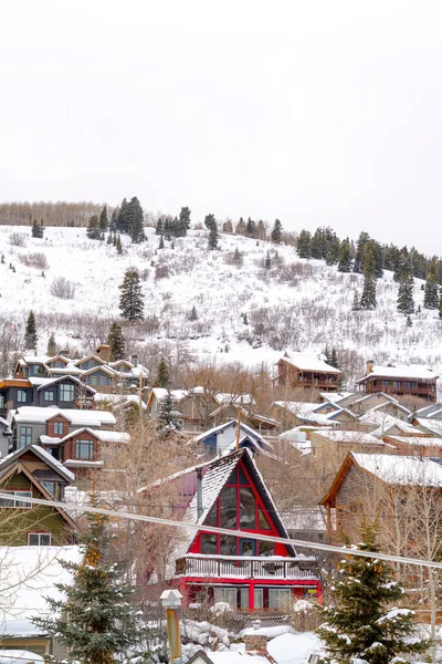 Beautiful colorful houses on hill neighborhood blanketed with snow in winter