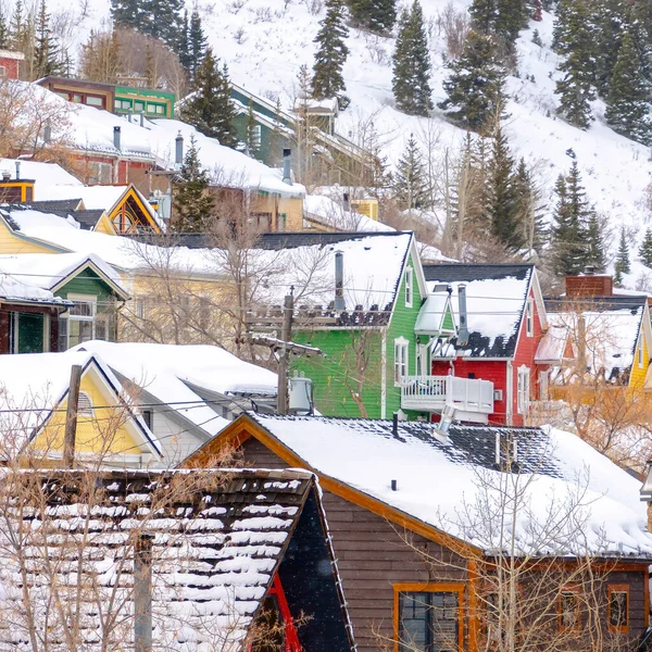 Barrio residencial cuadrado en pendiente de colina con nieve fresca y árboles en invierno — Foto de Stock