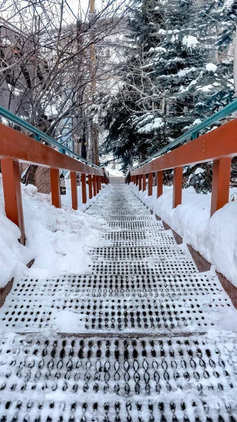 Vertical crop Grate tread stairs with wood and metal hansrail against snowy hill in winter