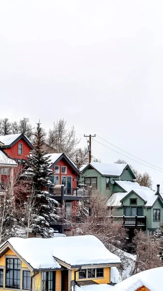 Vertikální plodiny Zatažená obloha nad barevnými domy na kopci terén s čerstvým bílým sněhem v zimě — Stock fotografie