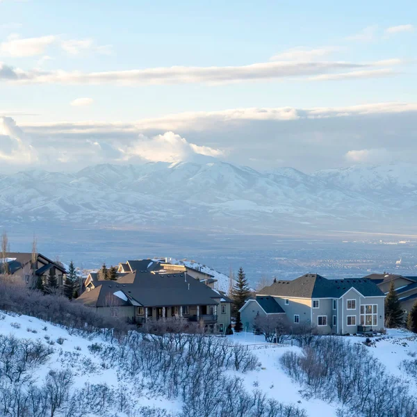 雪山上俯瞰瓦萨奇山脉和住宅区的方格房屋 — 图库照片
