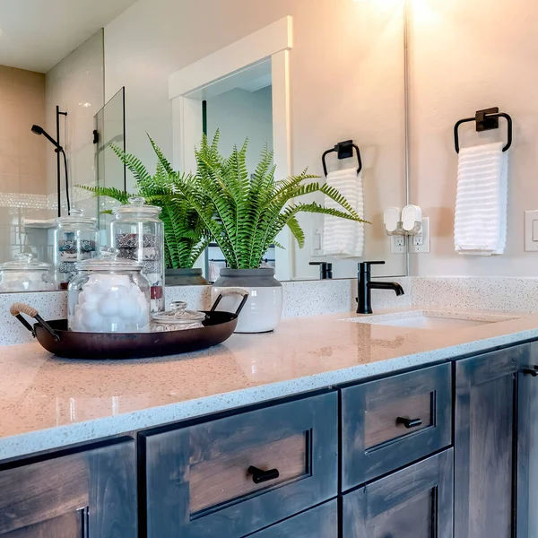 Négyzet Fürdőszoba hiúság két mosogató és tükör, amely tükrözi zuhanyfülke és ajtó — Stock Fotó