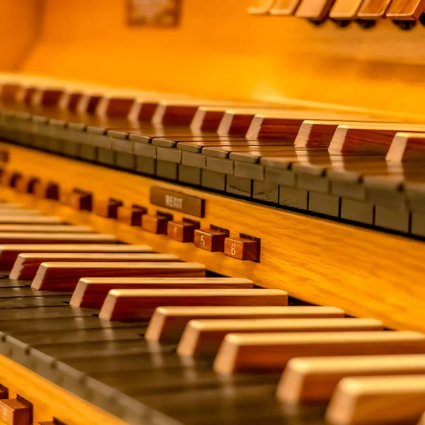 Square Close up of a beautiful piano with wooden keyboard and protective case