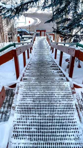 Marco vertical Escalera y camino en la colina cubierta de nieve entre casas y árboles de coníferas — Foto de Stock