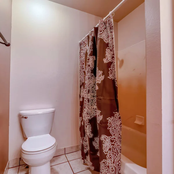 Quadro quadrado WC e banheira dentro do banheiro com piso de azulejos e hastes de toalha montadas na parede — Fotografia de Stock