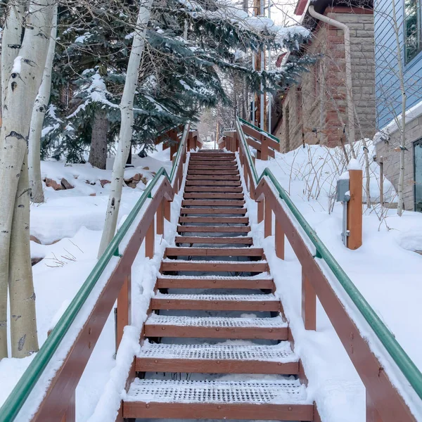 Rejilla cuadrada escalera de metal en medio de los árboles y la construcción en la colina nevada escénica en invierno — Foto de Stock