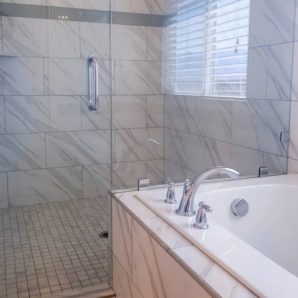 Interior do banheiro quadrado com área de chuveiro e banheira separados por porta de vidro — Fotografia de Stock
