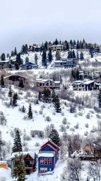 Marco vertical Park City Utah barrio en invierno con casas coloridas en la cima de la colina nevada — Foto de Stock