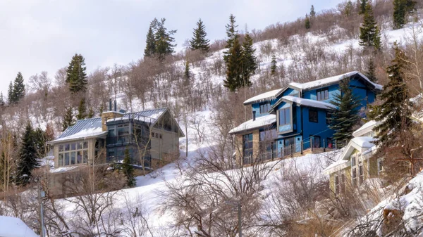 Panorama frame Homes on residential mountain neighborhood in snowy Park City Γιούτα — Φωτογραφία Αρχείου