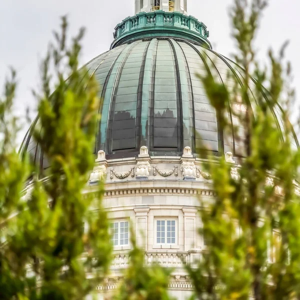 Kvadratgrödor Majestätisk kupol av Utah State Capital Building med suddiga träd i förgrunden — Stockfoto