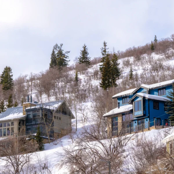 Négyzet alakú házak lakóövezeti hegyvidéki környéken havas Park City Utah télen — Stock Fotó