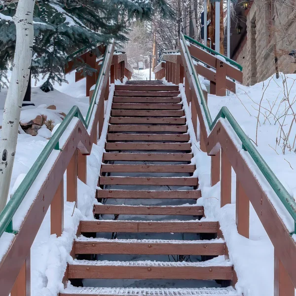 Marco cuadrado Escalera metálica de rejilla en medio de árboles y construcción en la colina nevada escénica en invierno — Foto de Stock