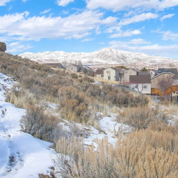 Maisons à ossature carrée avec vue panoramique sur les collines et la montagne lointaine couverte de neige en hiver — Photo