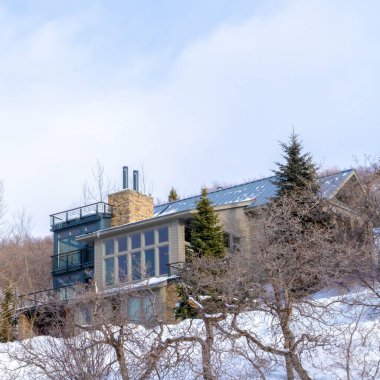Kışın Utah 'taki karlı Park şehrindeki kare çerçeveli dağ evleri.