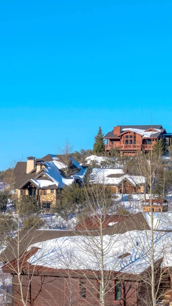 Vertical frame Park City Utah winter landscape with homes on a mountain top against blue sky