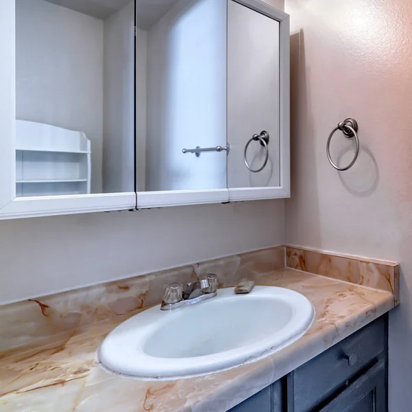 Square Oval sink on marble countertop with cabinet inside bathroom of home