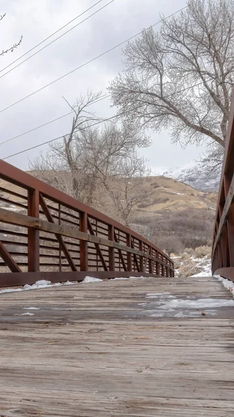 Marco vertical Puente con barandilla metálica y nieve derretida en el rellano de madera en invierno — Foto de Stock