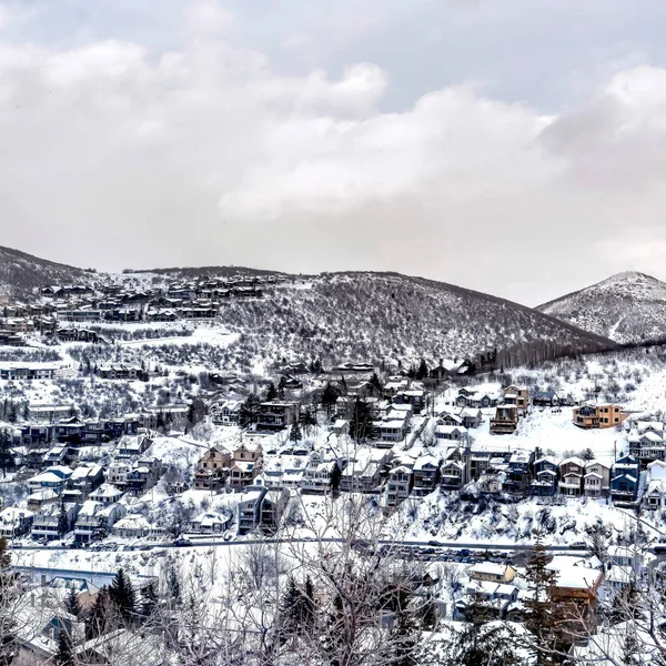 Дома, которые зимой сидят на горе в Парк-Сити с вечнозелеными и снежными насаждениями — стоковое фото