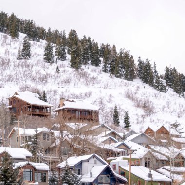 Kışın Utah Park City 'de, karlı dağ mahallelerindeki kare kulübeler.