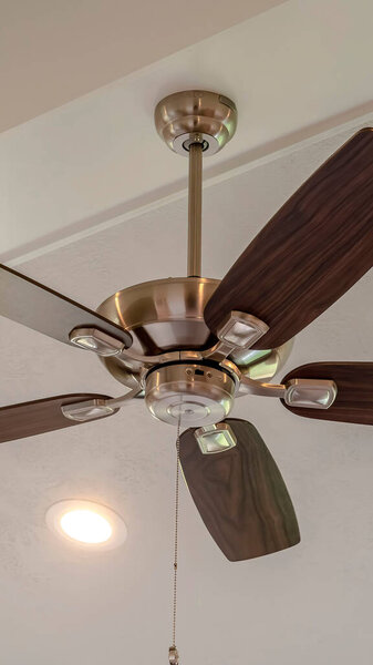 Вертикальный электрический вентилятор со встроенным освещением, установленным на декоративном деревянном потолочном балке
