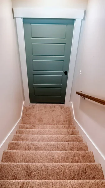 Escalier intérieur vertical de la maison avec des marches en moquette qui mène à la porte du sous-sol — Photo