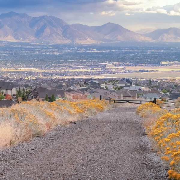 Estrada de cascalho quadrado com flores silvestres, luz do dia Utah EUA — Fotografia de Stock