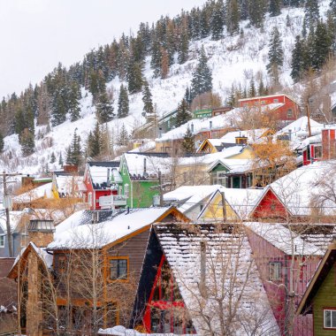Kare çerçeve Tepedeki yerleşim bölgesi Kışın taze kar ve ağaçlarla