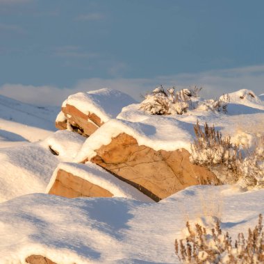 Kare Tepe ve çalılar karla kaplı Utah Vadisi ve dağ manzaralı