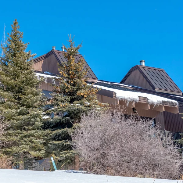 Park City Utah 'ta, gökyüzüne karşı evleri olan güneşli bir kış günü.