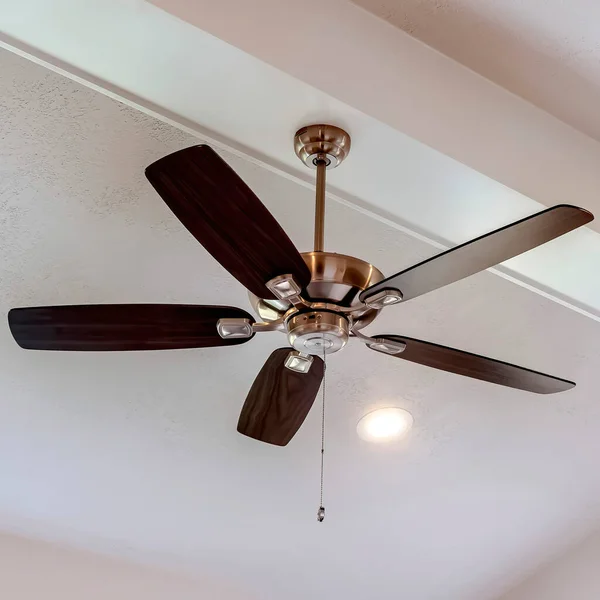 Quadrato Trave di legno decorativo con ventilatore a soffitto standard e luci all'interno di una casa — Foto Stock